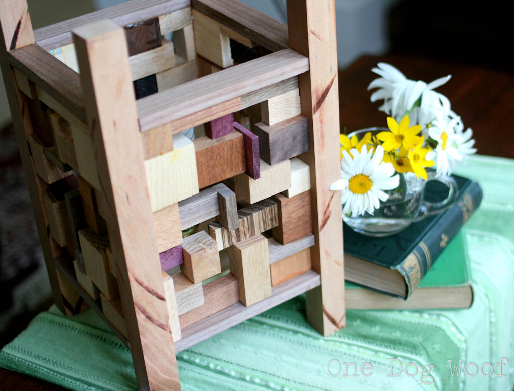 One Dog Woof scrap wood lantern after