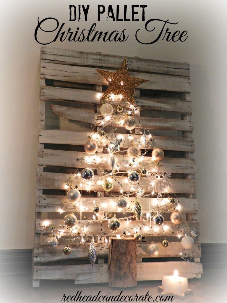 silver and gold Christmas tree from wood pallet